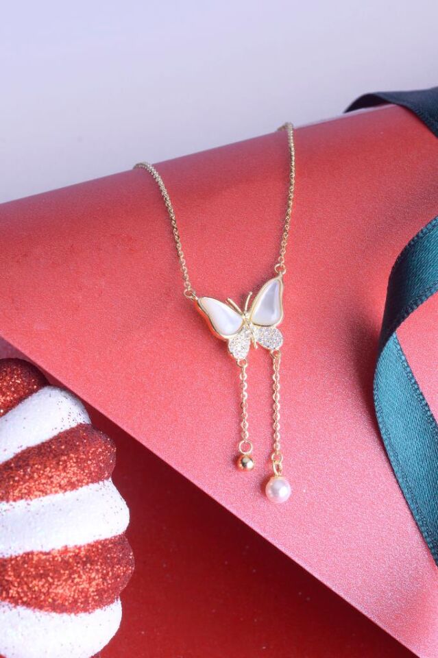 925 Ayar Gümüş Sedefli İncili Taşlı Kelebek Kolye