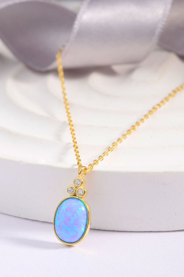 Altın Kaplama 925 Ayar Gümüş Oval Kesim Mavi Opal Taşlı Kolye Model Kodu: 847