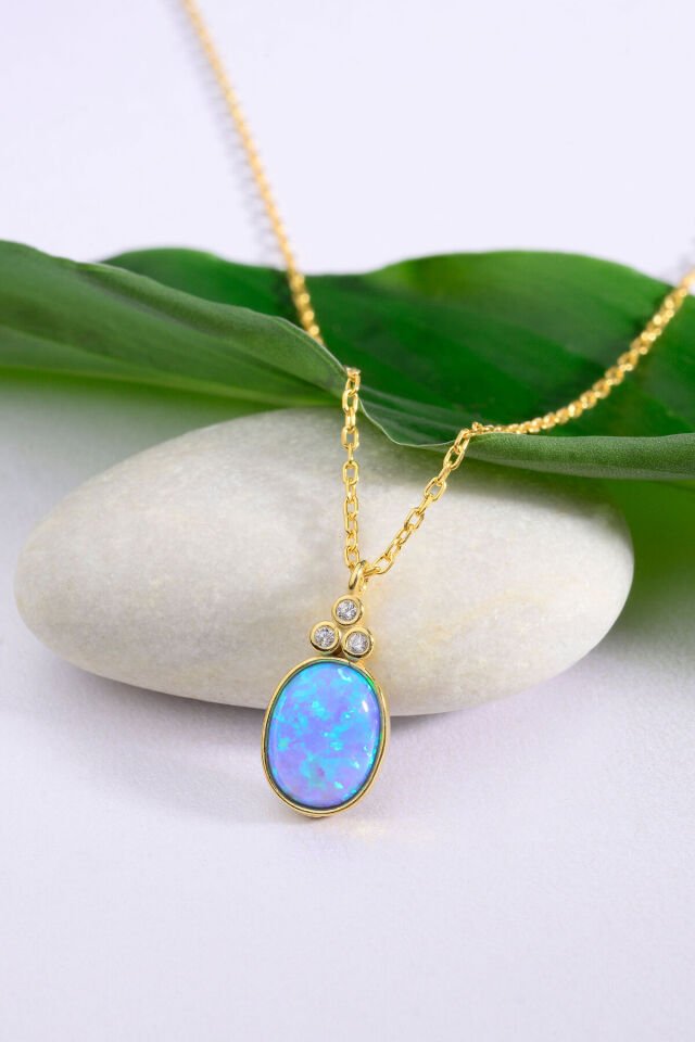 Altın Kaplama 925 Ayar Gümüş Oval Kesim Mavi Opal Taşlı Kolye Model Kodu: 847