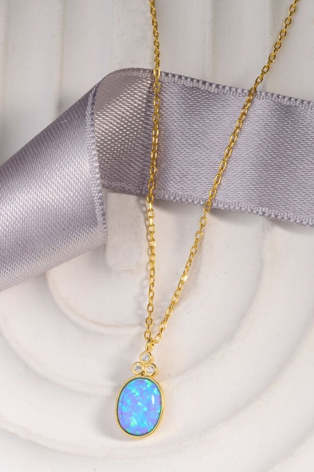 Altın Kaplama 925 Ayar Gümüş Oval Kesim Mavi Opal Taşlı Kolye Model Kodu: 847