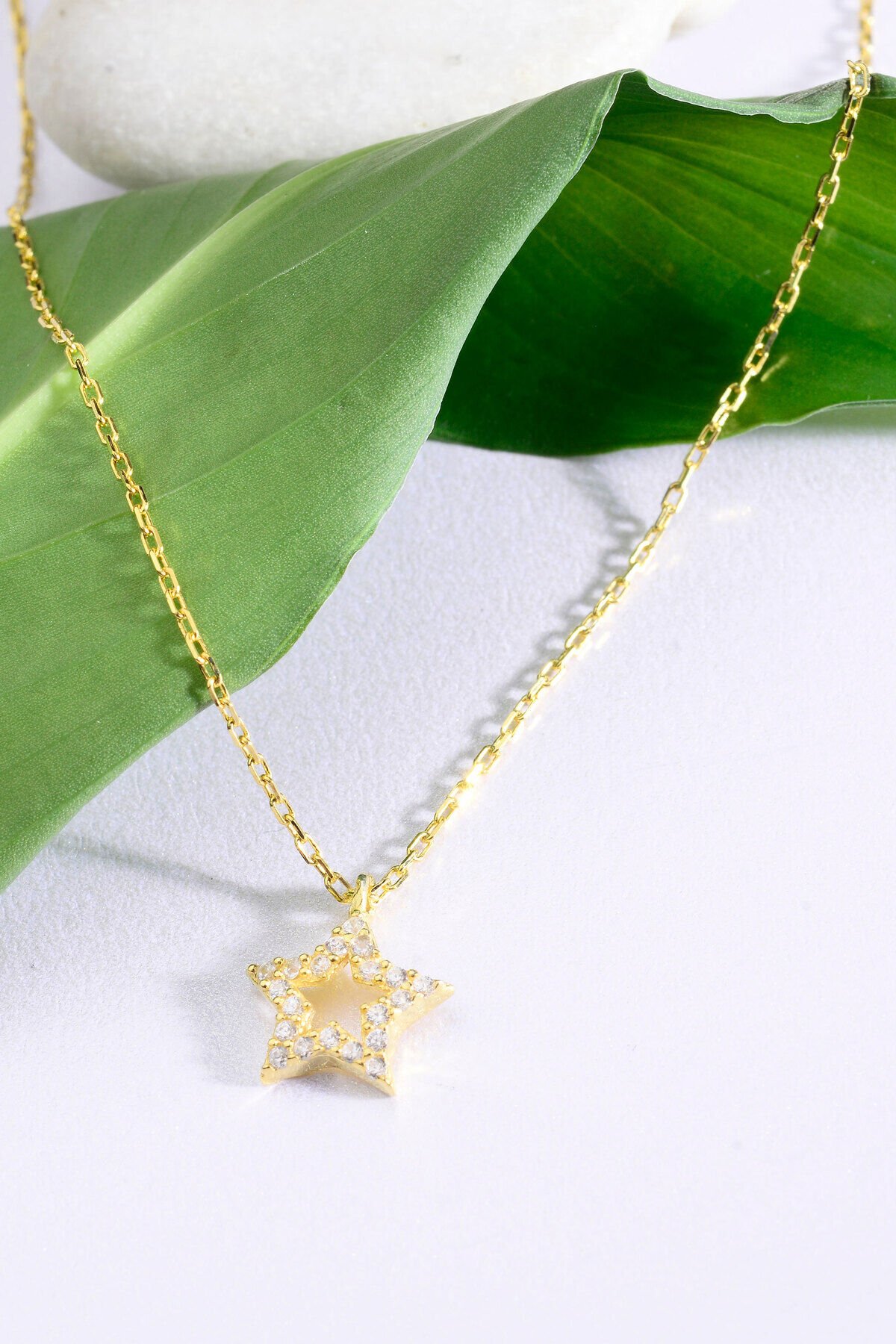 925 Ayar Gümüş Altın Kaplama Taşlı Yıldız Kolye