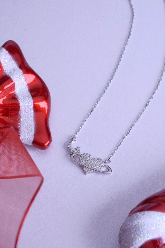 925 Ayar Gümüş Taşlı Kalp Universe Kolye