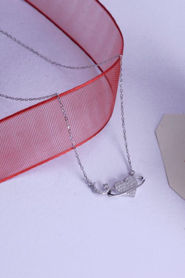 925 Ayar Gümüş Taşlı Kalp Universe Kolye