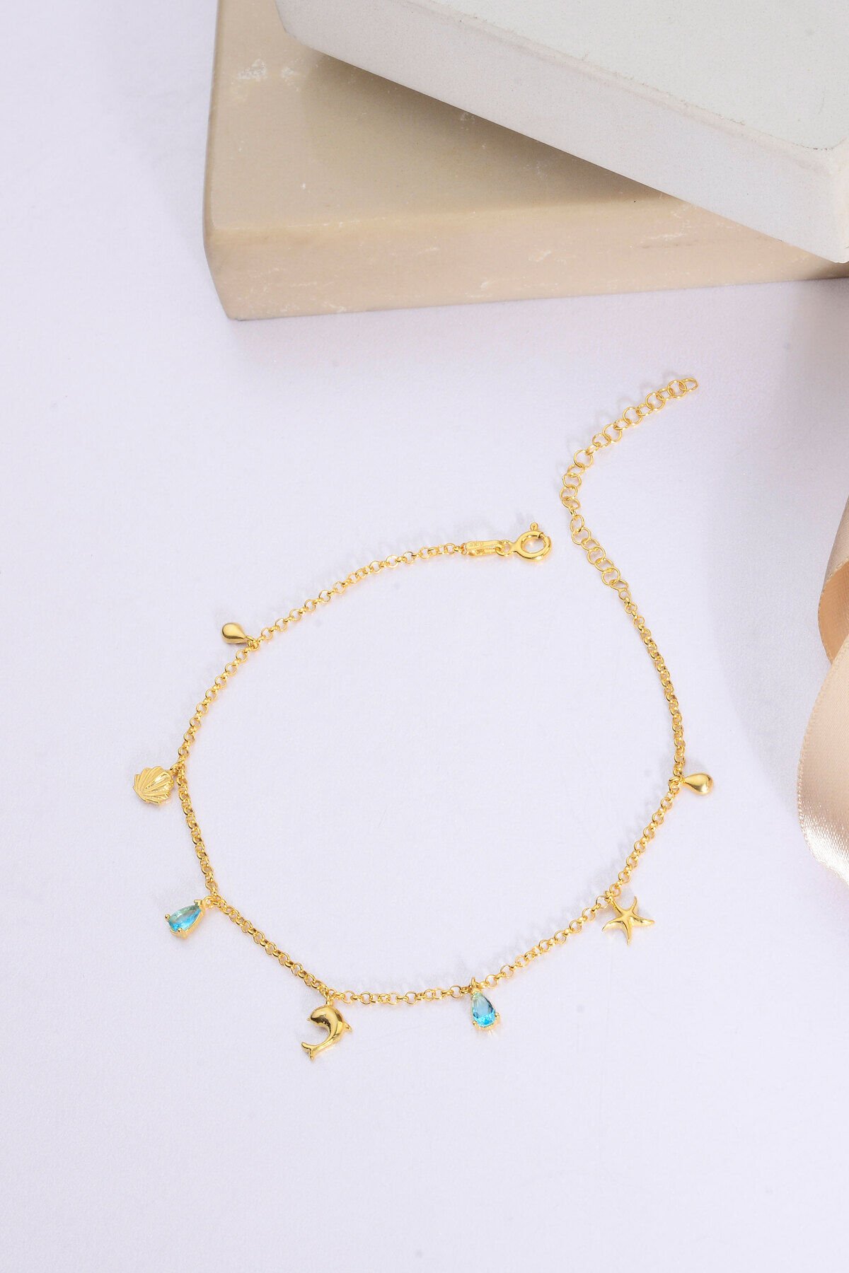 925 AYAR GÜMÜŞ ÜZERİ ALTIN KAPLAMA DENİZ TEMALI (SEA)  HALHAL Mavi
