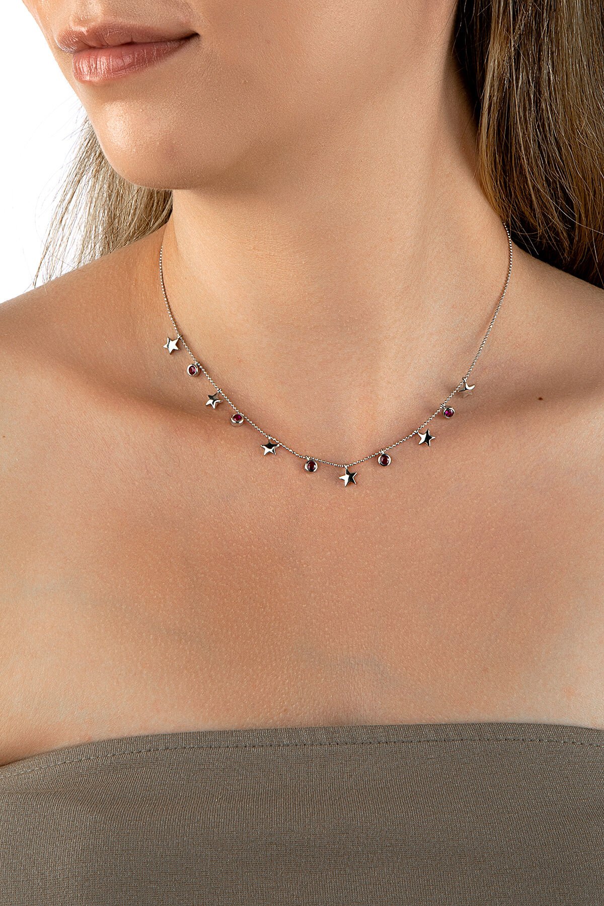 925 Ayar Gümüş Yıldız Figürlü Pembe Yuvarlak Kesim Taşlı Şans Kolyesi