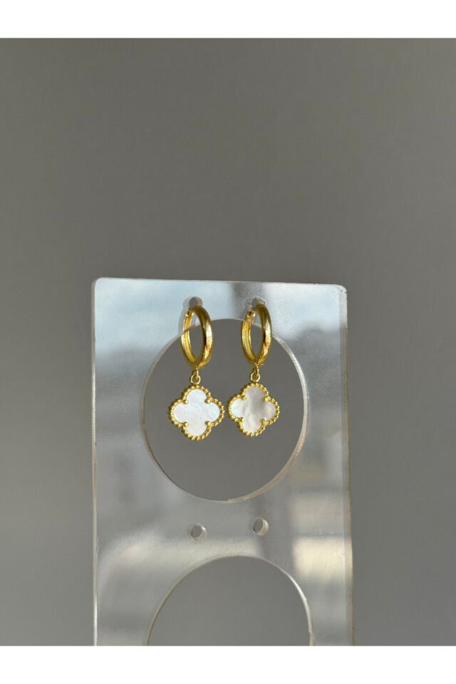 925 Ayar Gümüş 12 mm Yonca Sallantılı Halka Küpe Altın & Sedef