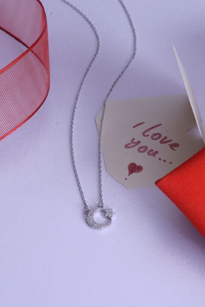 925 Ayar Gümüş Taşlı Ay Yıldız Kolye