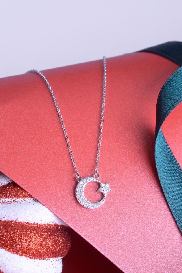 925 Ayar Gümüş Taşlı Ay Yıldız Kolye