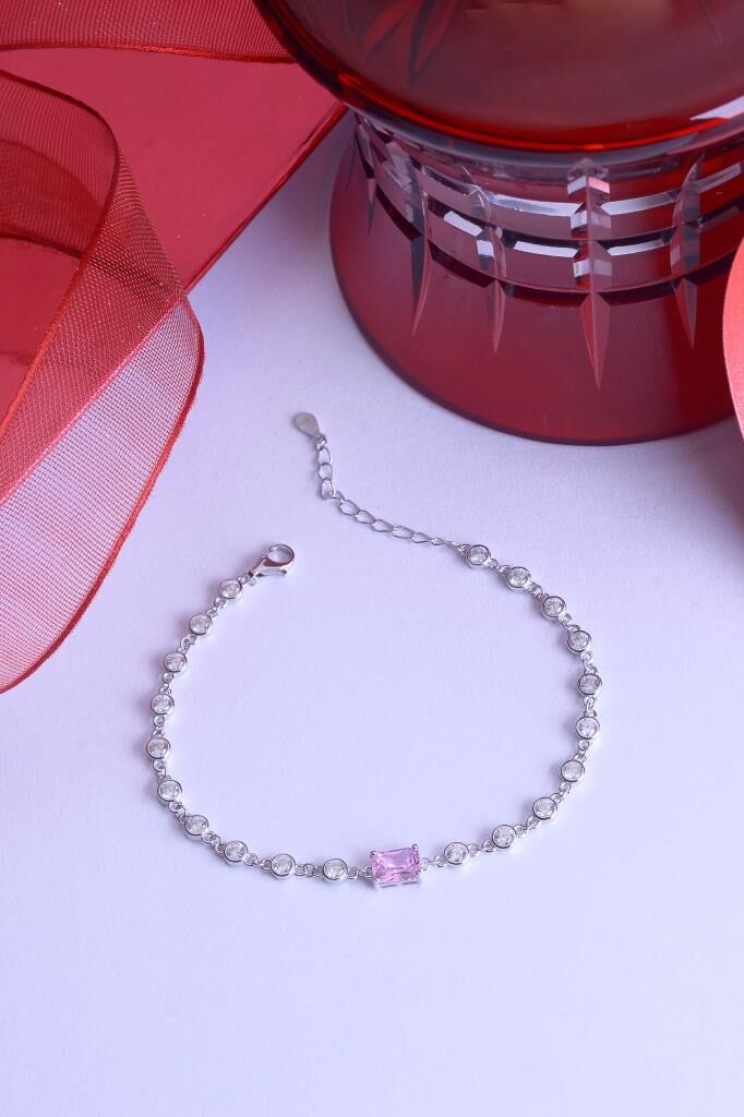 925 Ayar Gümüş Pembe Baget Taşlı Bileklik