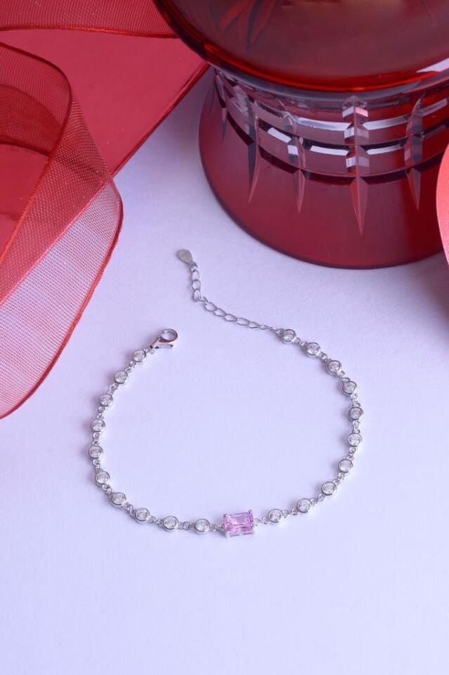925 Ayar Gümüş Pembe Baget Taşlı Bileklik