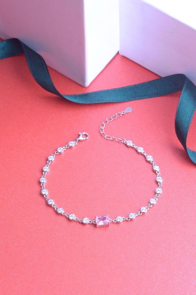 925 Ayar Gümüş Pembe Baget Taşlı Bileklik