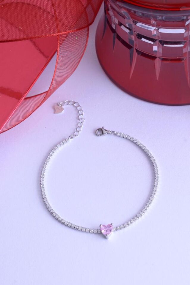 925 Ayar Gümüş Kalpli Bileklik Pembe