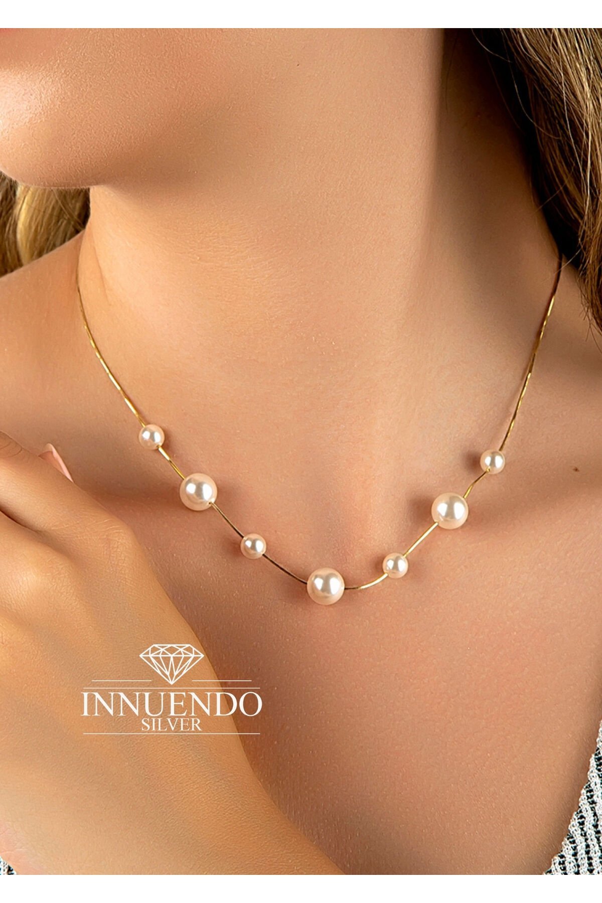 Altın Kaplama 925 Ayar Gümüş Yılan Zincirli Dağınık Büyük - Küçük İncili Kolye