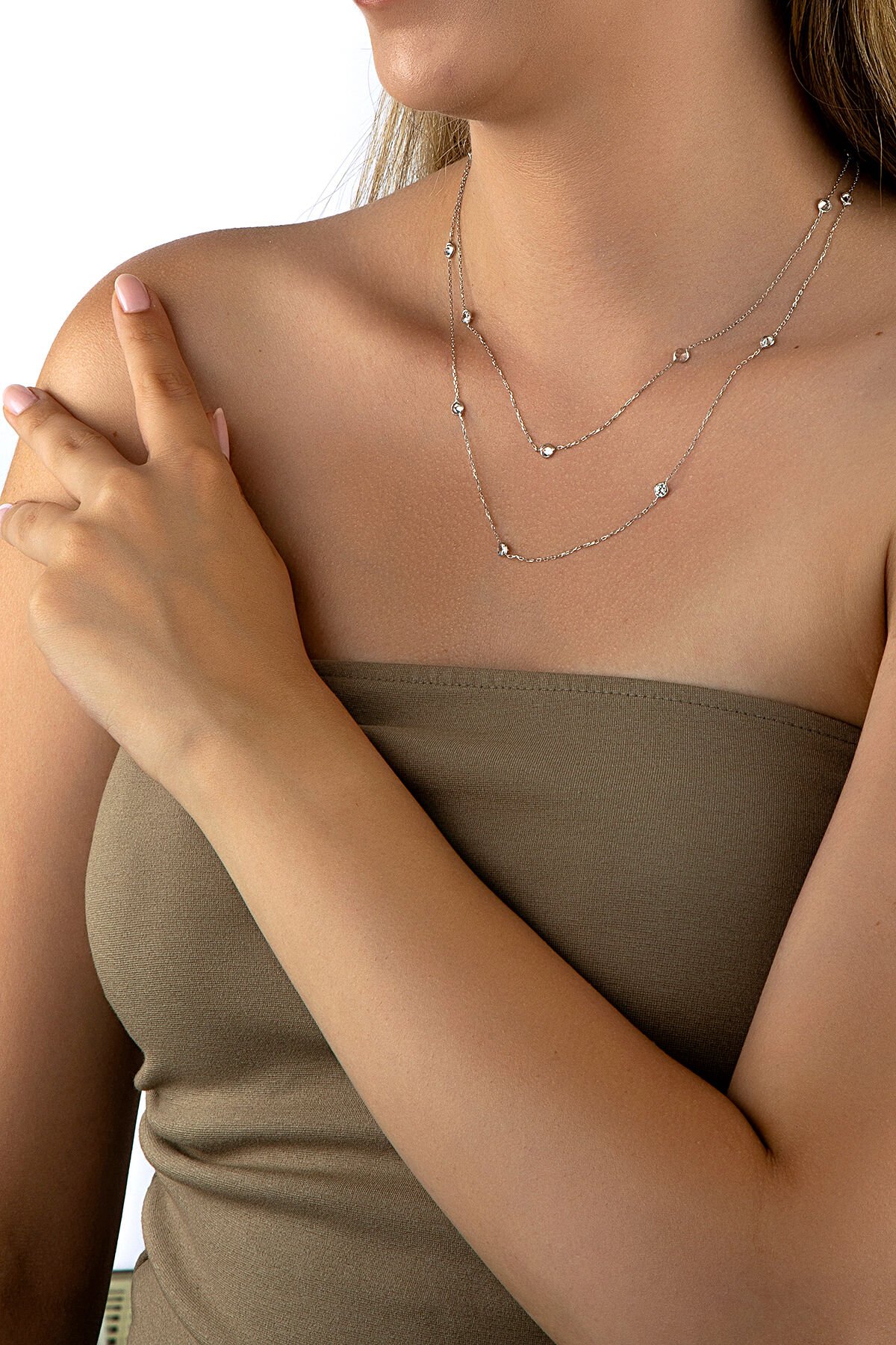 925 Ayar Gümüş Yuvarlak Taşlı 90 cm Kolye