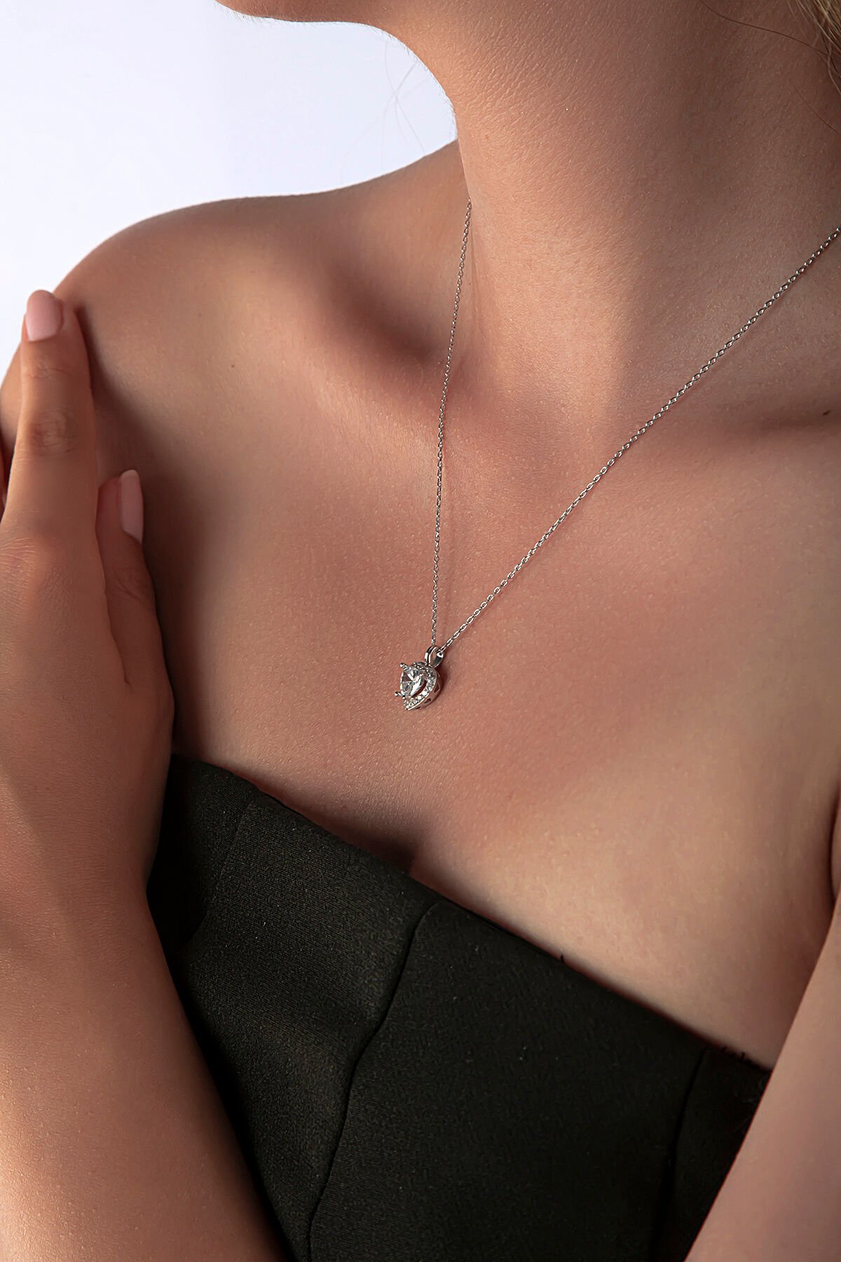 925 Ayar Gümüş Pembe Taşlı Kalp Kolye