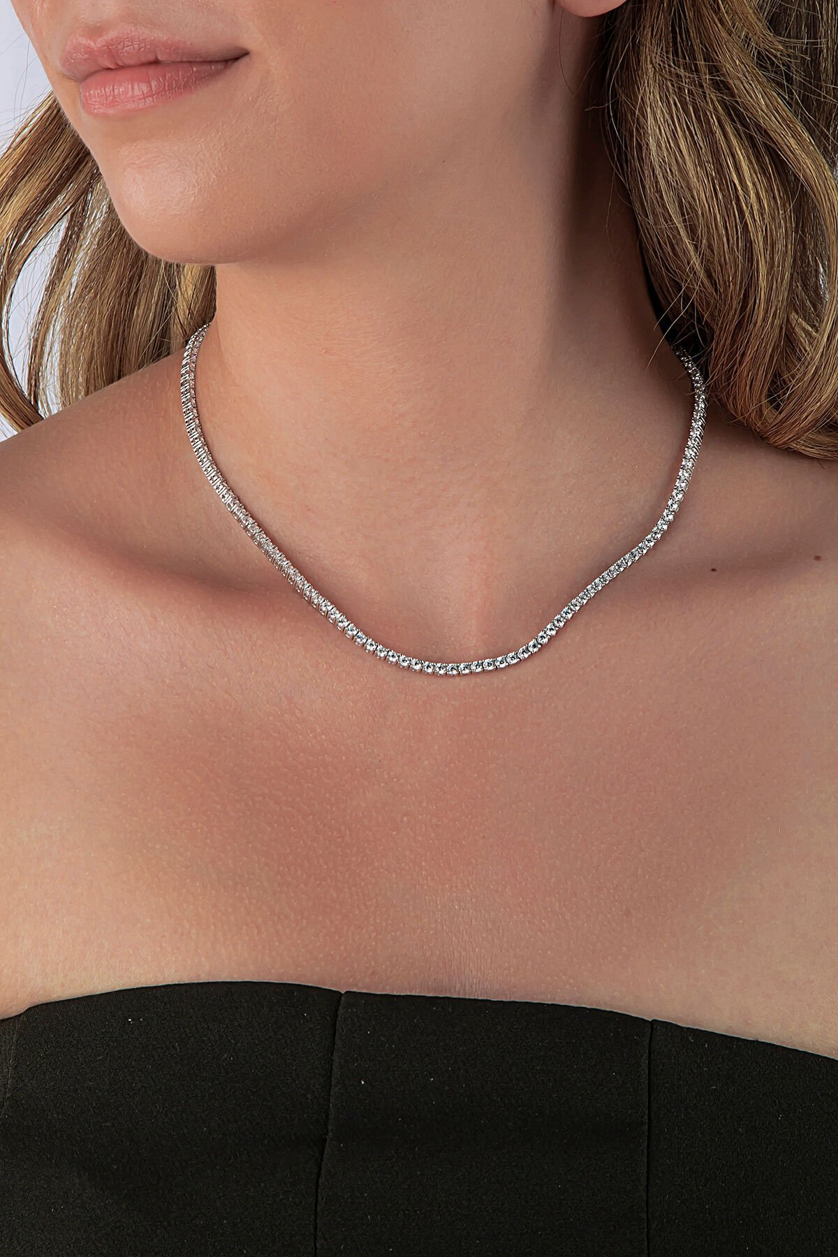 925 Ayar Gümüş 3mm Taşlı Klasik Su Yolu Kolye