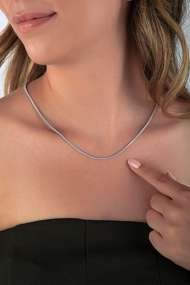 925 Ayar Gümüş 1,5mm Taşlı Klasik Su Yolu Kolye