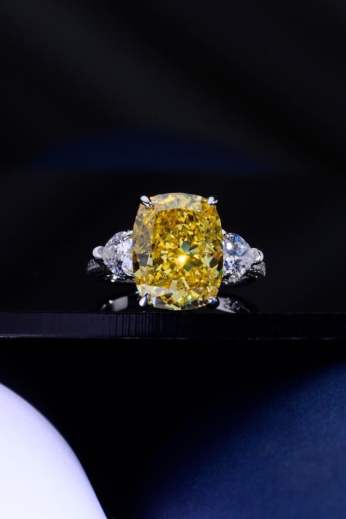 925 Ayar Gümüş Lüks Tasarım Büyük Taşlı Kadın Yüzük Sarı - 14