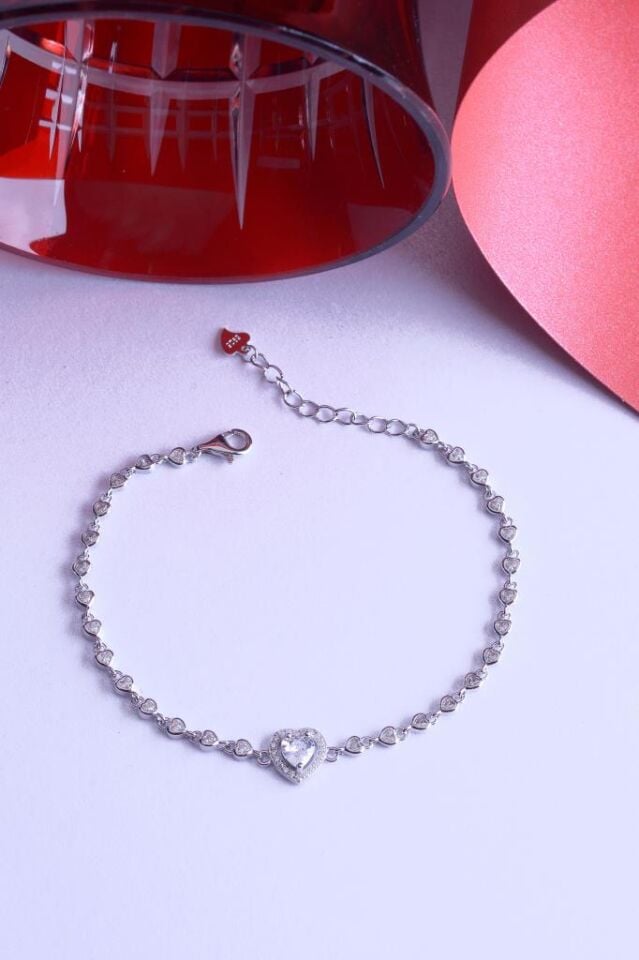925 Ayar Gümüş Taşlı Kalpli Sıralı Bileklik