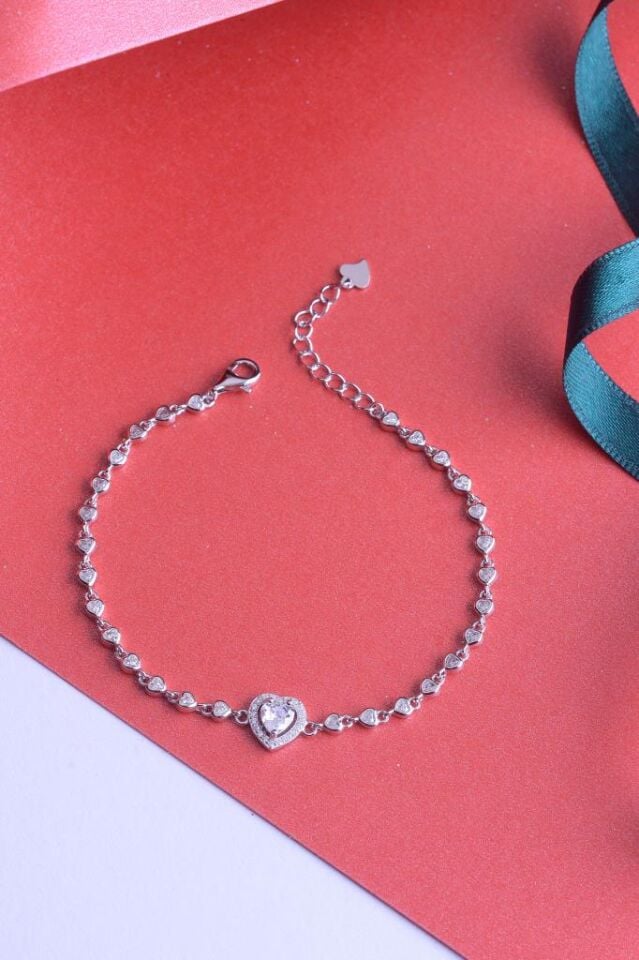 925 Ayar Gümüş Taşlı Kalpli Sıralı Bileklik