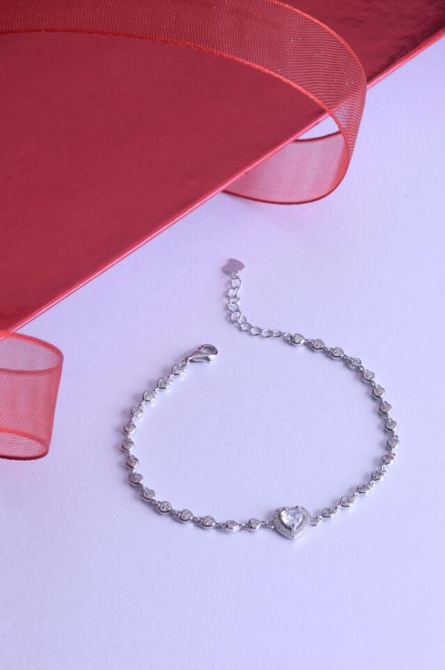 925 Ayar Gümüş Taşlı Kalpli Sıralı Bileklik