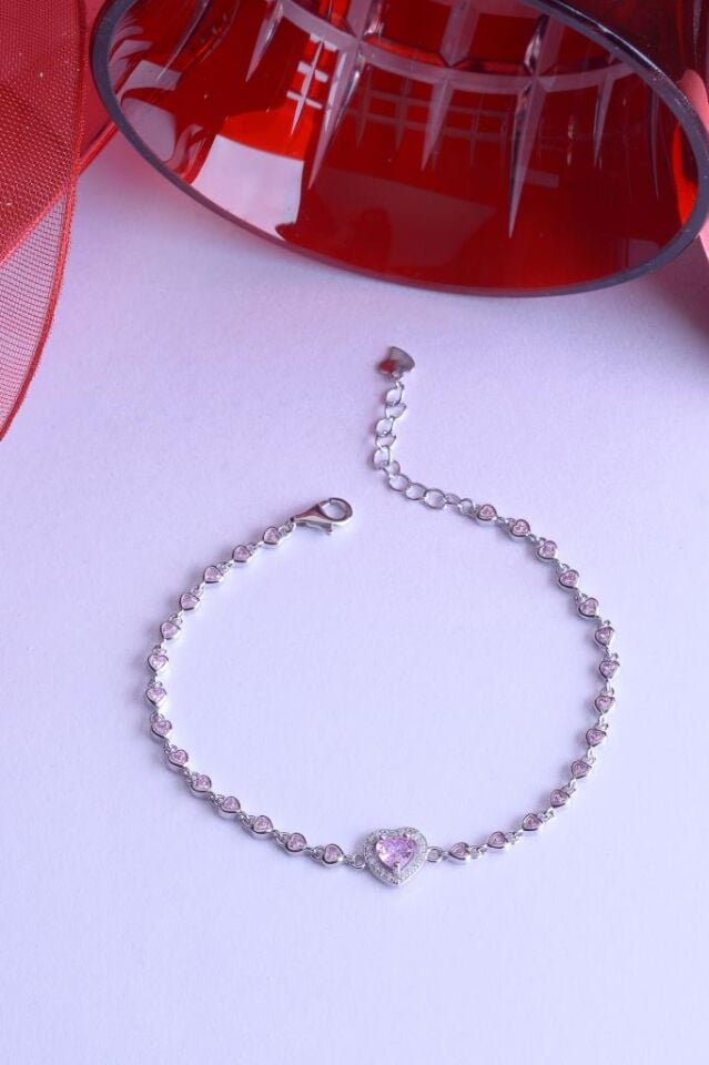 925 Ayar Gümüş Taşlı Kalpli Sıralı Bileklik