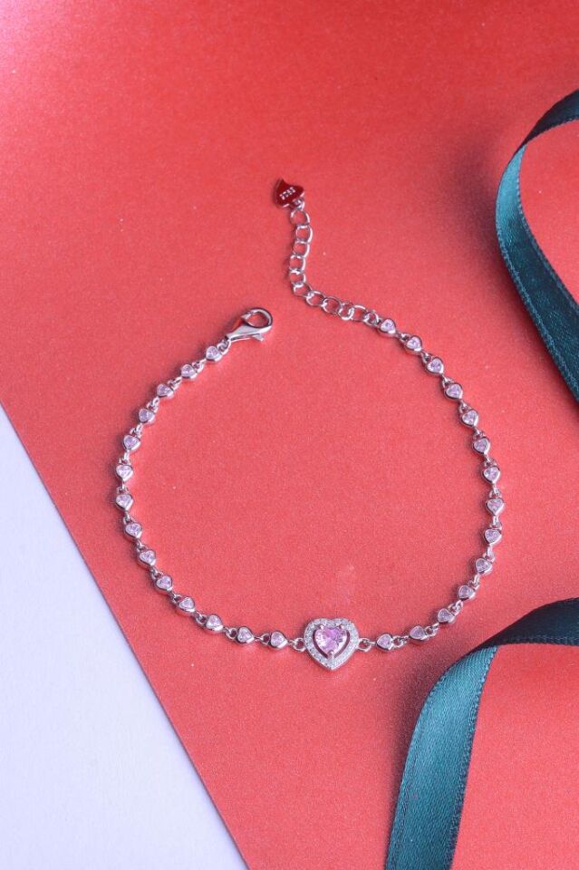 925 Ayar Gümüş Taşlı Kalpli Sıralı Bileklik