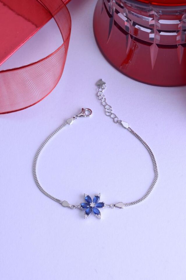 925 Ayar Gümüş İkili Zincirli Lotus Çiçek Bileklik Lacivert