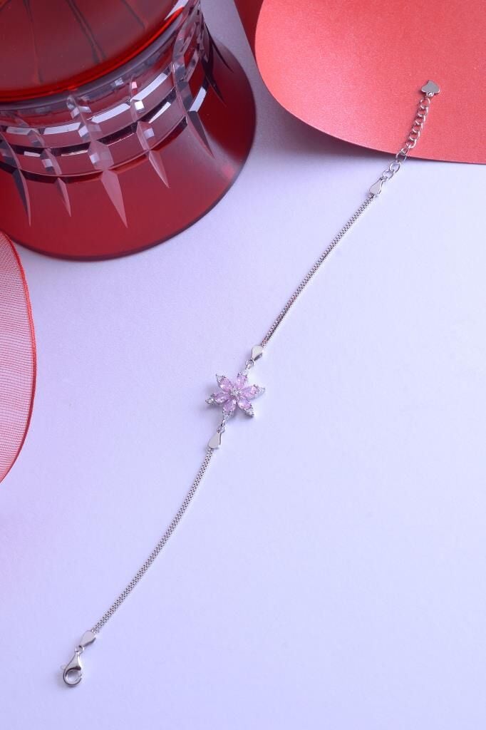 925 Ayar Gümüş İkili Zincirli Lotus Çiçek Bileklik Pembe