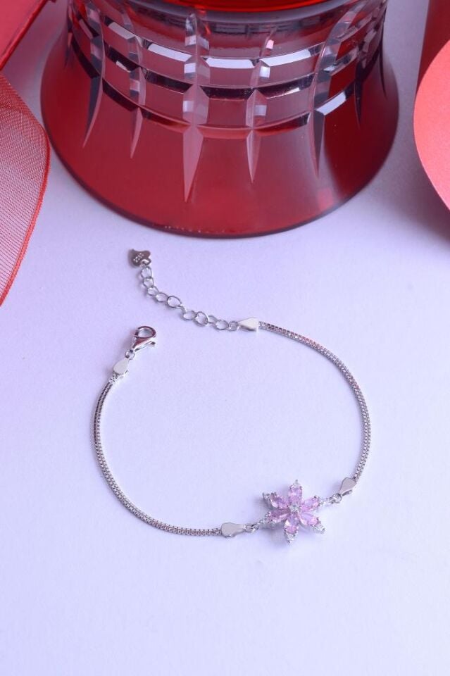 925 Ayar Gümüş İkili Zincirli Lotus Çiçek Bileklik Pembe
