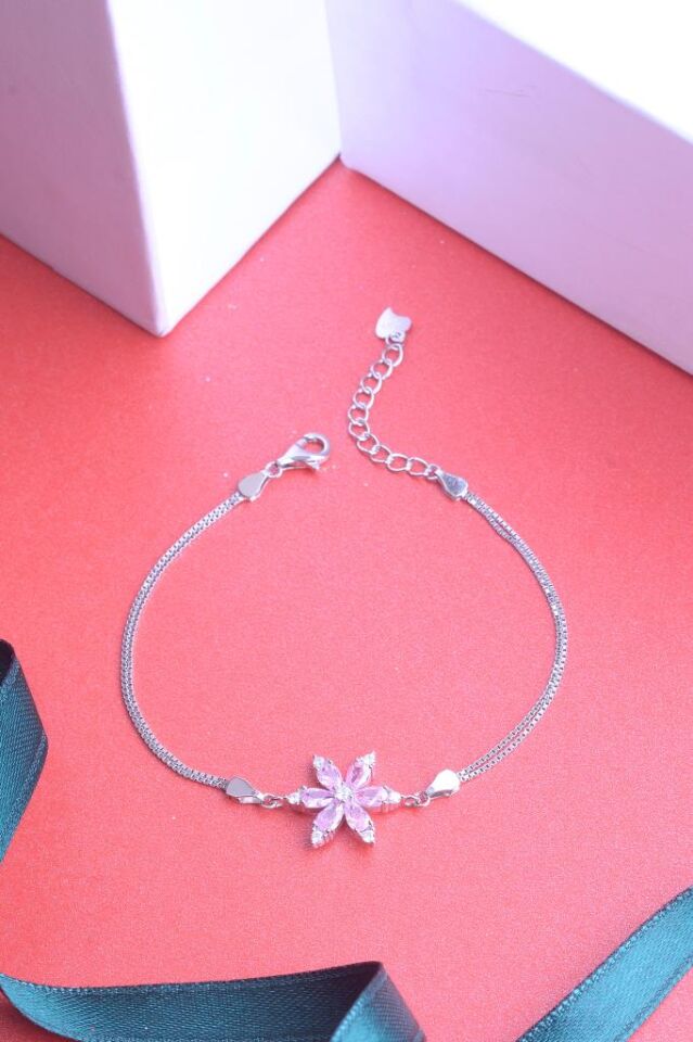 925 Ayar Gümüş İkili Zincirli Lotus Çiçek Bileklik Pembe
