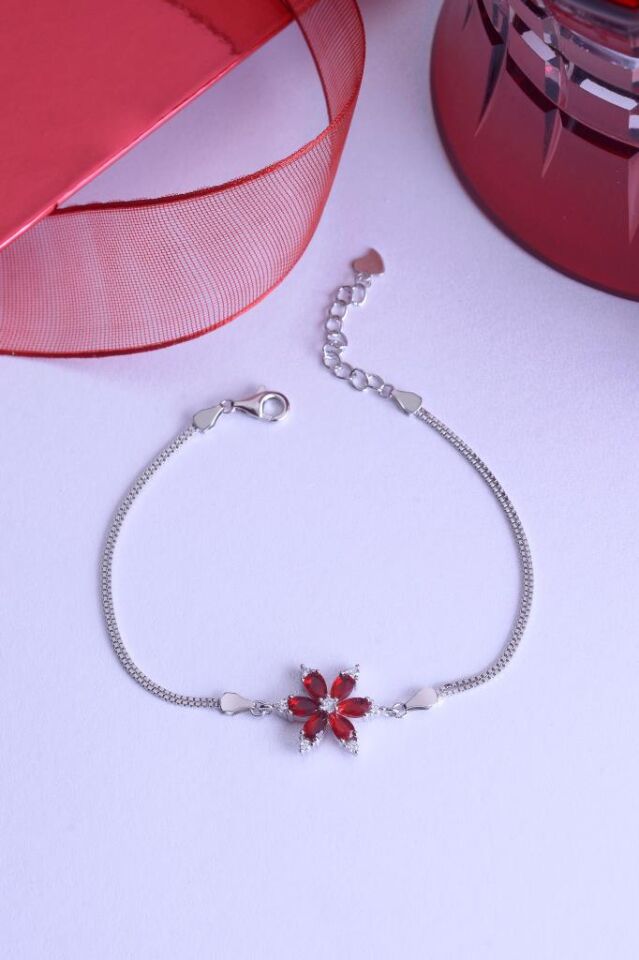 925 Ayar Gümüş İkili Zincirli Lotus Çiçek Bileklik Kırmızı