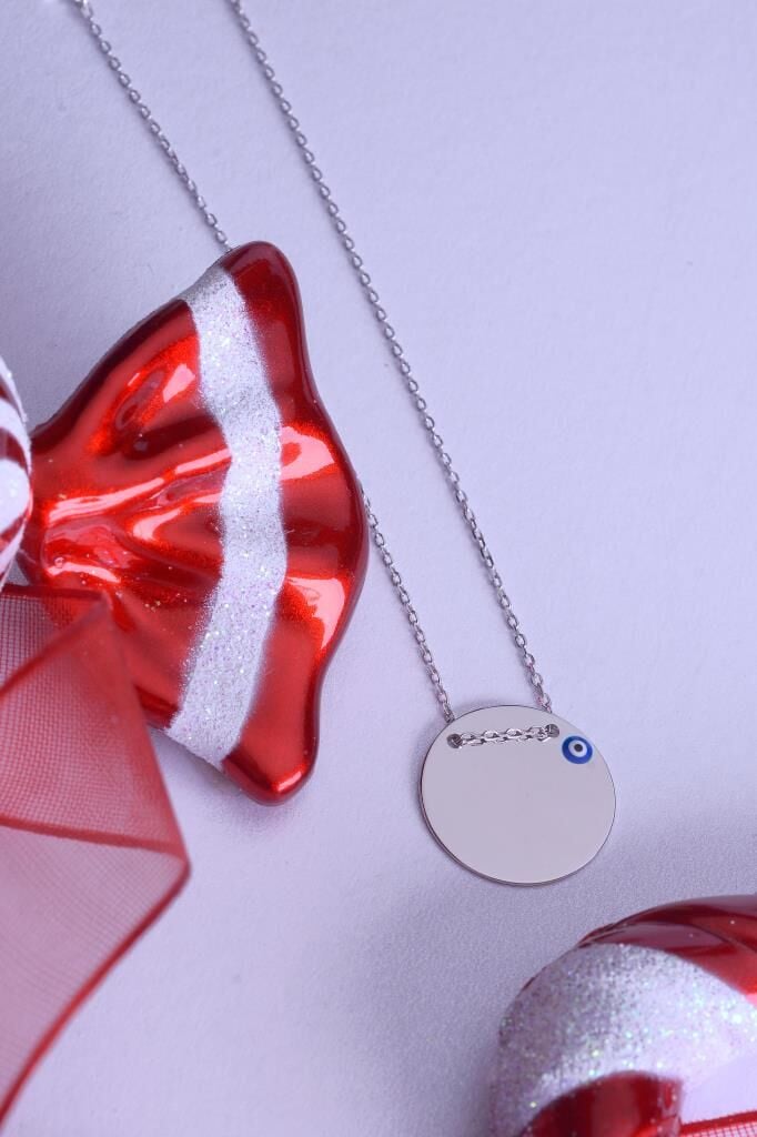 925 Ayar Gümüş Nazar Boncuklu İsim Yazılabilir Plaka Kolye