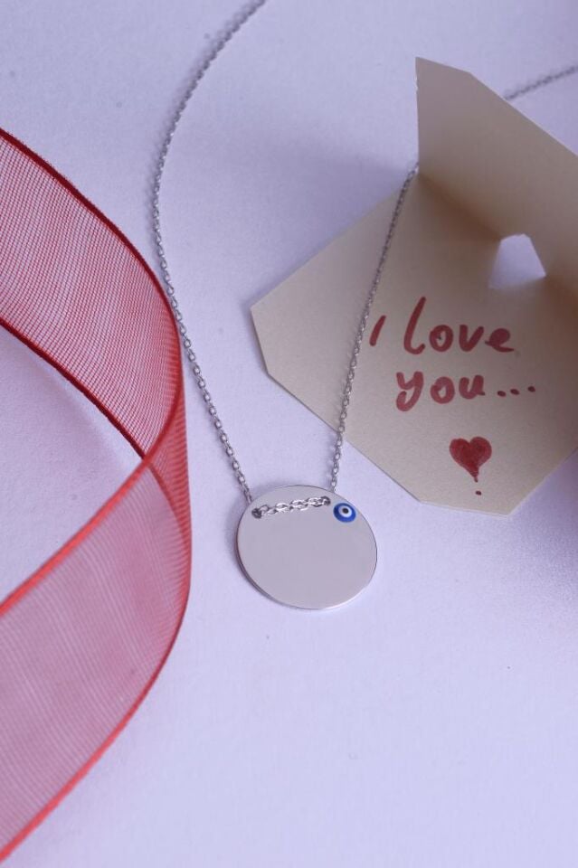 925 Ayar Gümüş Nazar Boncuklu İsim Yazılabilir Plaka Kolye