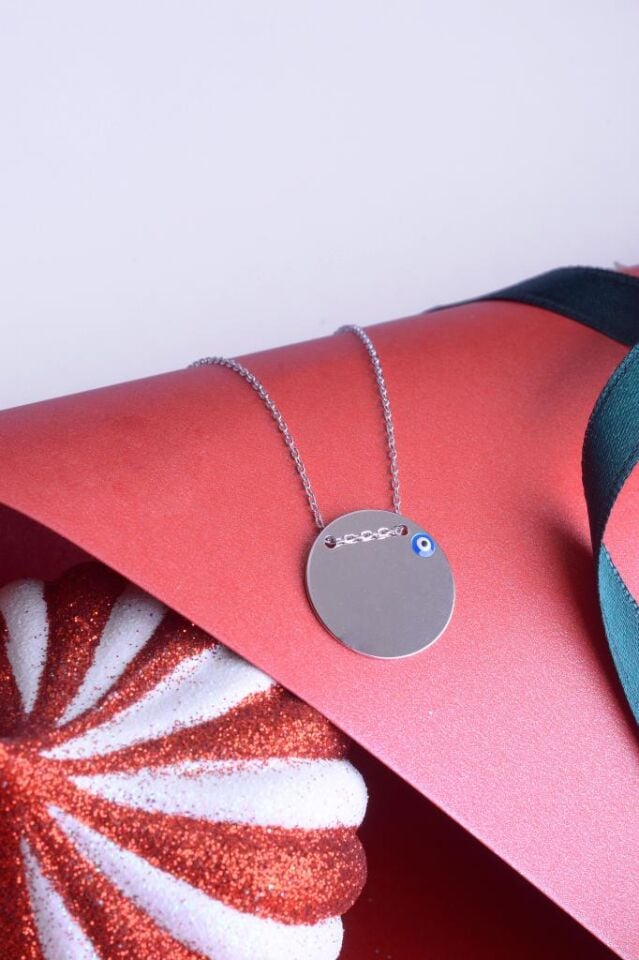 925 Ayar Gümüş Nazar Boncuklu İsim Yazılabilir Plaka Kolye