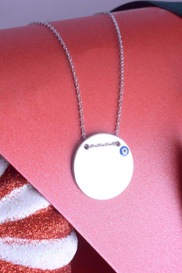 925 Ayar Gümüş Nazar Boncuklu İsim Yazılabilir Plaka Kolye