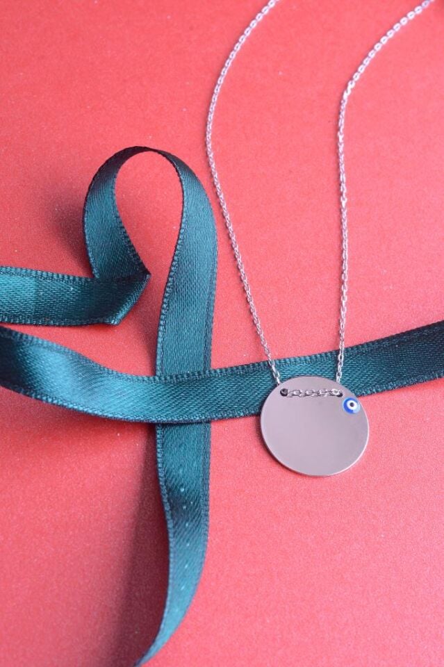 925 Ayar Gümüş Nazar Boncuklu İsim Yazılabilir Plaka Kolye