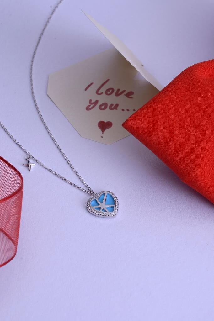 925 Ayar Gümüş Taşlı Kalp Yıldız Detaylı Kolye