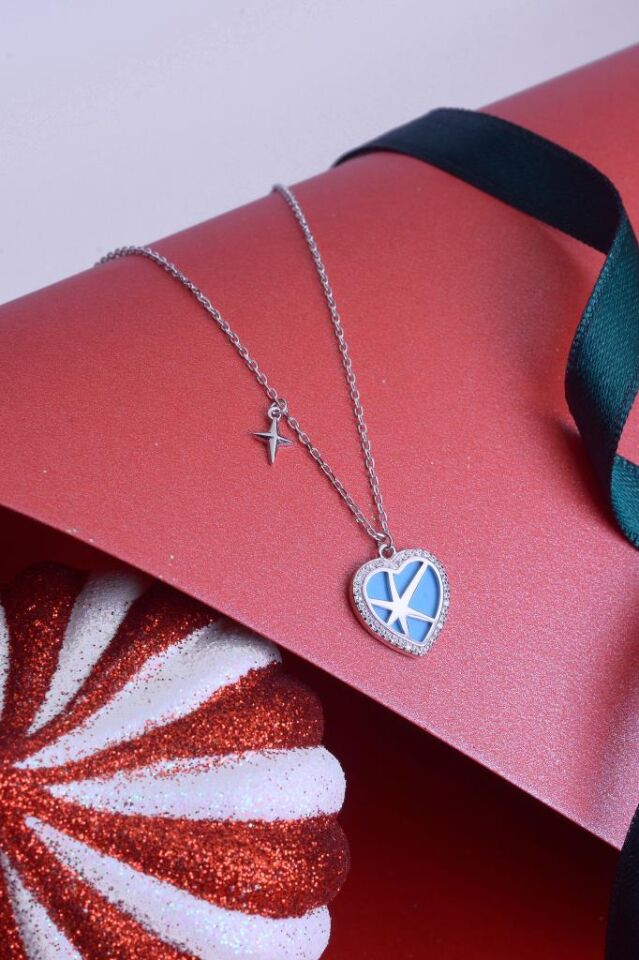 925 Ayar Gümüş Taşlı Kalp Yıldız Detaylı Kolye