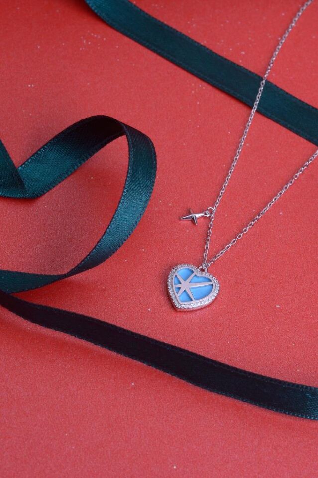 925 Ayar Gümüş Taşlı Kalp Yıldız Detaylı Kolye