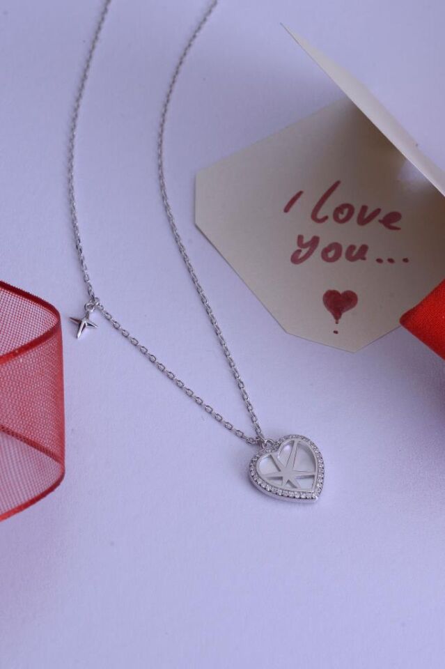 925 Ayar Gümüş Taşlı Kalp Yıldız Detaylı Kolye