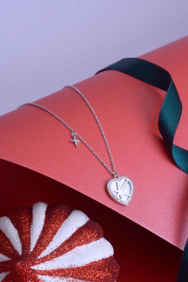 925 Ayar Gümüş Taşlı Kalp Yıldız Detaylı Kolye