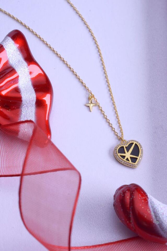 925 Ayar Gümüş Taşlı Kalp Yıldız Detaylı Kolye