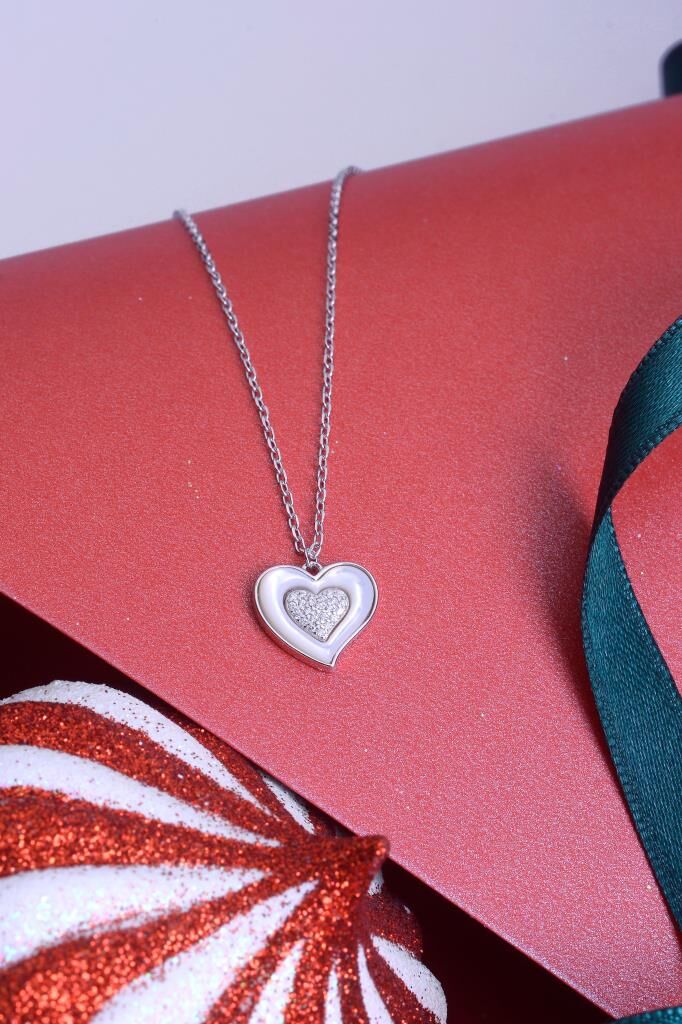 925 Ayar Gümüş Mineli Taşlı Kalp Kolye