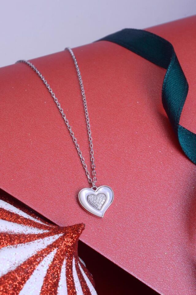 925 Ayar Gümüş Mineli Taşlı Kalp Kolye