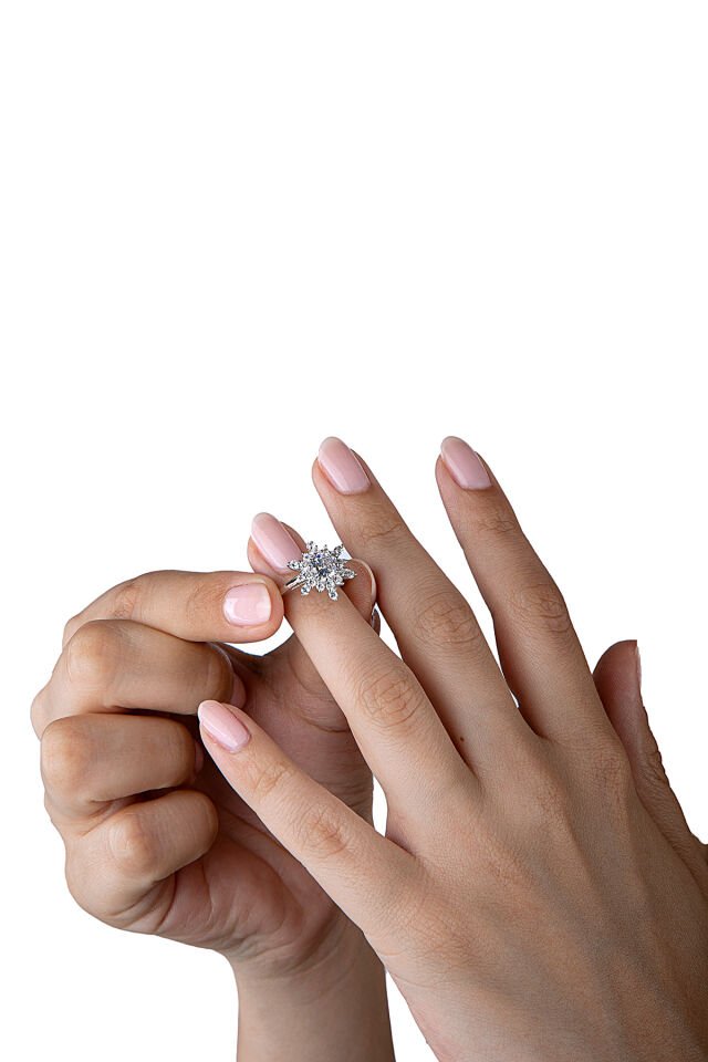 925 Ayar Gümüş Kar Çiçeği Taşlı Yüzük Gümüş - 19