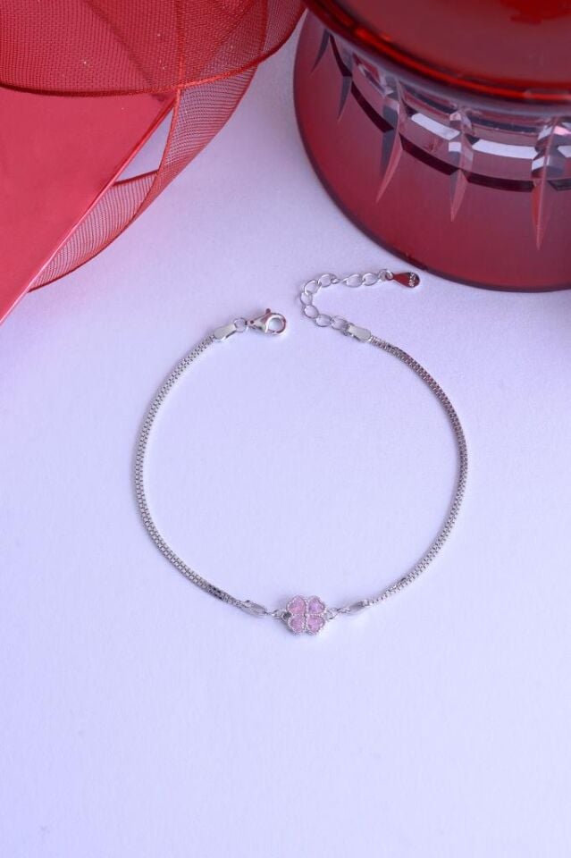 925 Ayar Ayar Gümüş Lotus Çiçek Ataç Sıralı Bileklik Pembe