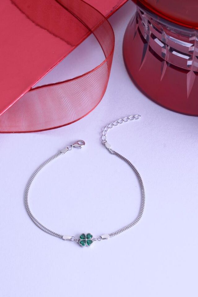 925 Ayar Ayar Gümüş Lotus Çiçek Ataç Sıralı Bileklik Yeşil