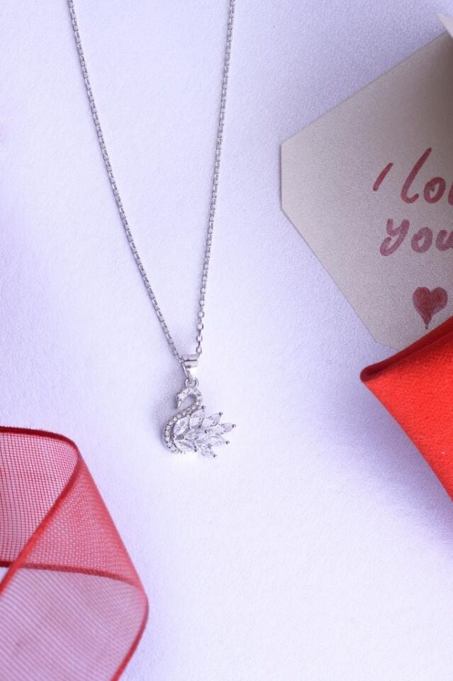 925 Ayar Gümüş Taşlı Kuğu Kolye