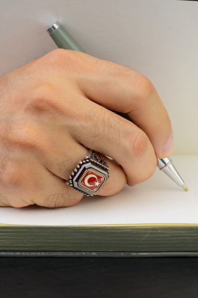 925 Ayar Gümüş Türk Bayrağı ve Osmanlı Tuğralı Erkek Yüzük